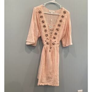Pretty Angel | Dresses | Pretty Angel Women Linen Boho Dress L Beaded  Beachy Pale Pink Lace Up Tassel New | Poshmark